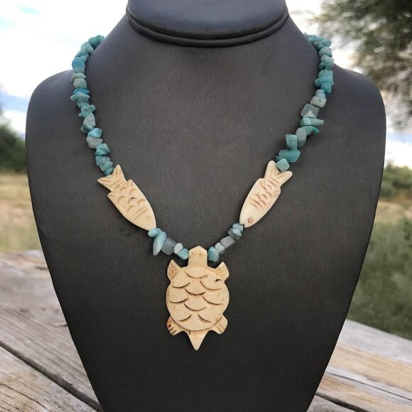 Southwestern Amazonite Gemstone Necklace Handmade Fish Pendant Silver Turtle - Picture 9 of 9